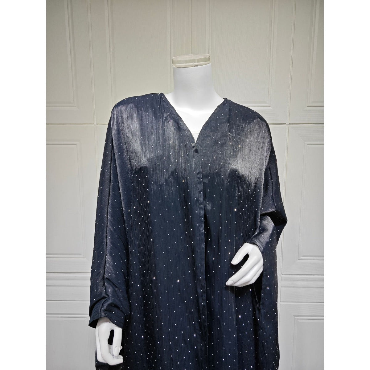 Luxury Muslim Starlight Evening Wear Abaya Set | Midnight Blue Diamond-Embellished Robe Jacket with Matching Hijab(MOA201)