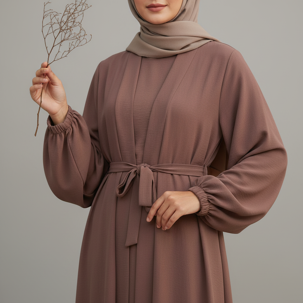 Solid Color Elegant Open Abaya with Pockets | 3 - Piece Set Open Abaya (MOA092) - Mariam's Collection