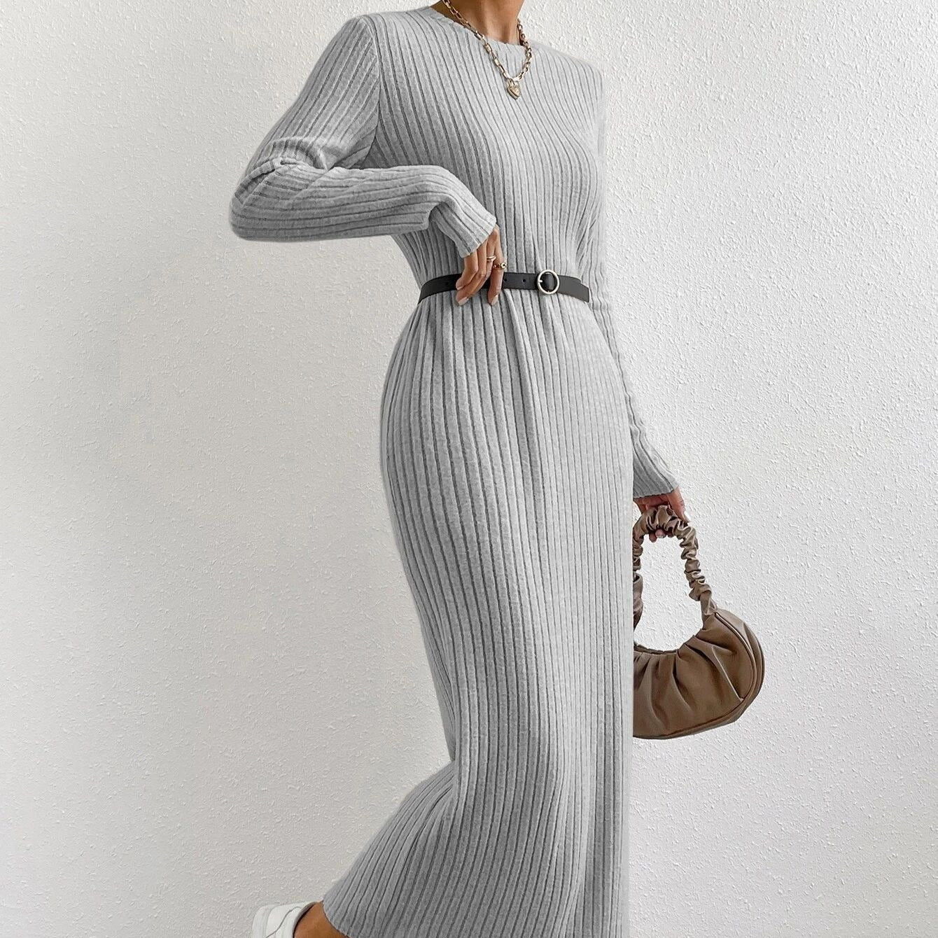 Ribbed Knit Maxi Dress | Long Sleeve Casual Sweater Dress(MS226)