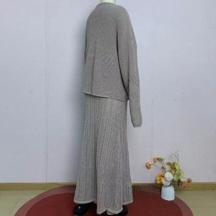 Relaxed Knit Top, Maxi Skirt & Triangle Scarf Set(MS545)