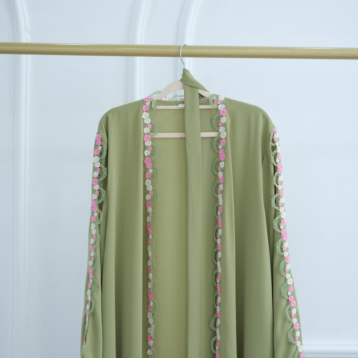 Muslim Women's Luxury Floral Embroidered Cardigan | Olive Green Modest Cover-Up with Pink/White Blossoms (MOA197)