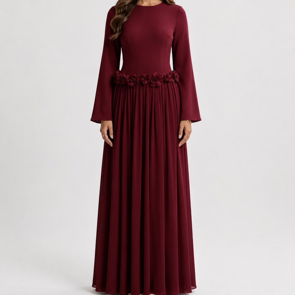 3D Rose Waist Fitted Maxi Dress(MS515)