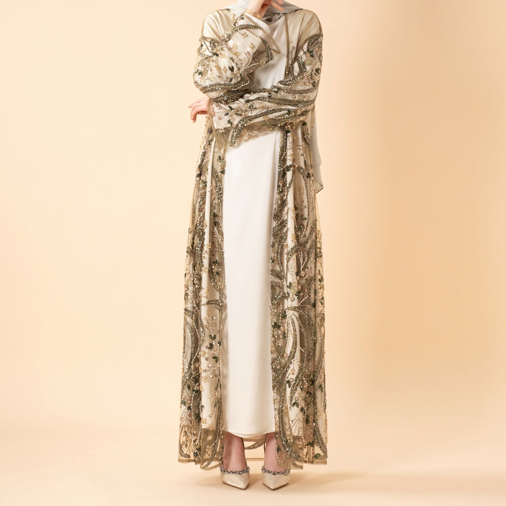 Luxury Hand-Beaded Sequin Embroidered Open Abaya for Eid & Wedding Occasions (MOA305)