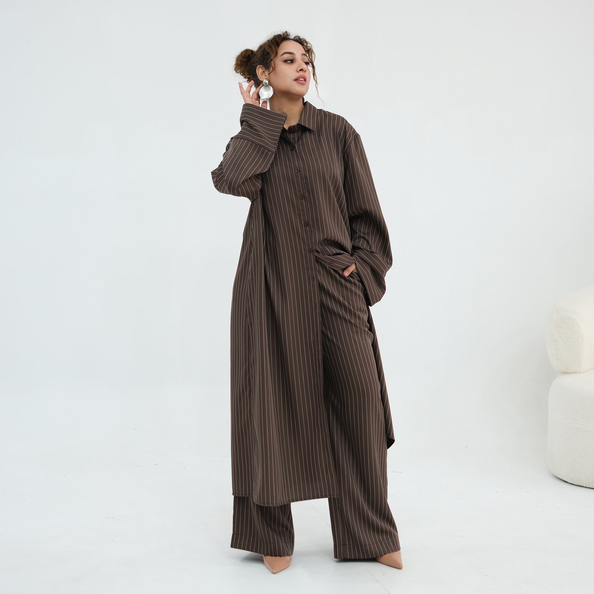 Pinstripe Oversized Shirt & Wide-Leg Trouser Set(MS452)