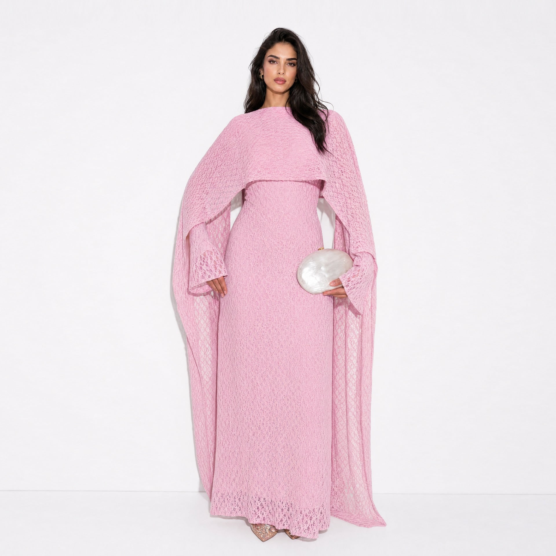 Textured Floral Lace Cape-Sleeve Lined Maxi Dress(MS519)