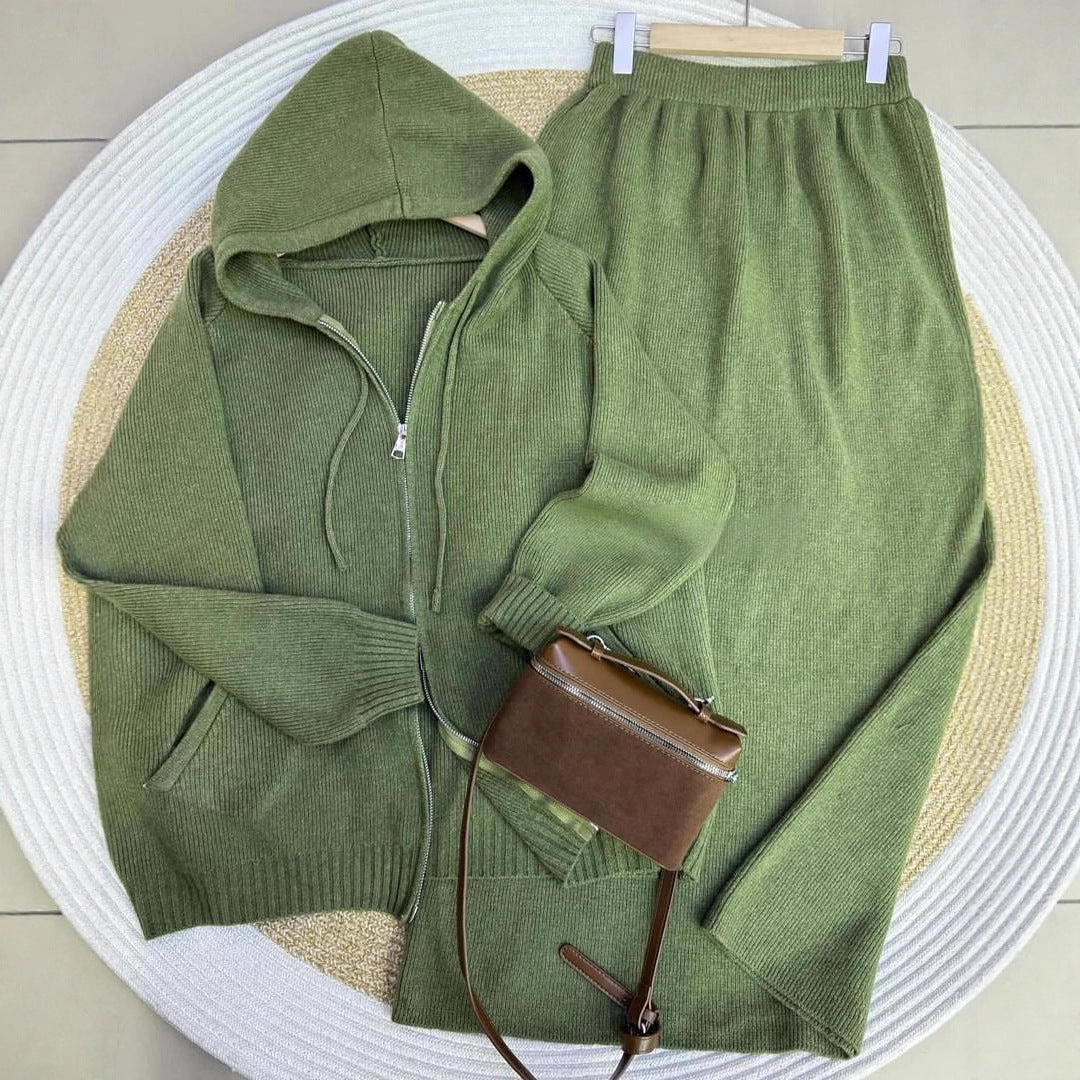 Hooded Knit Cardigan & Straight Maxi Skirt Set(MS544)