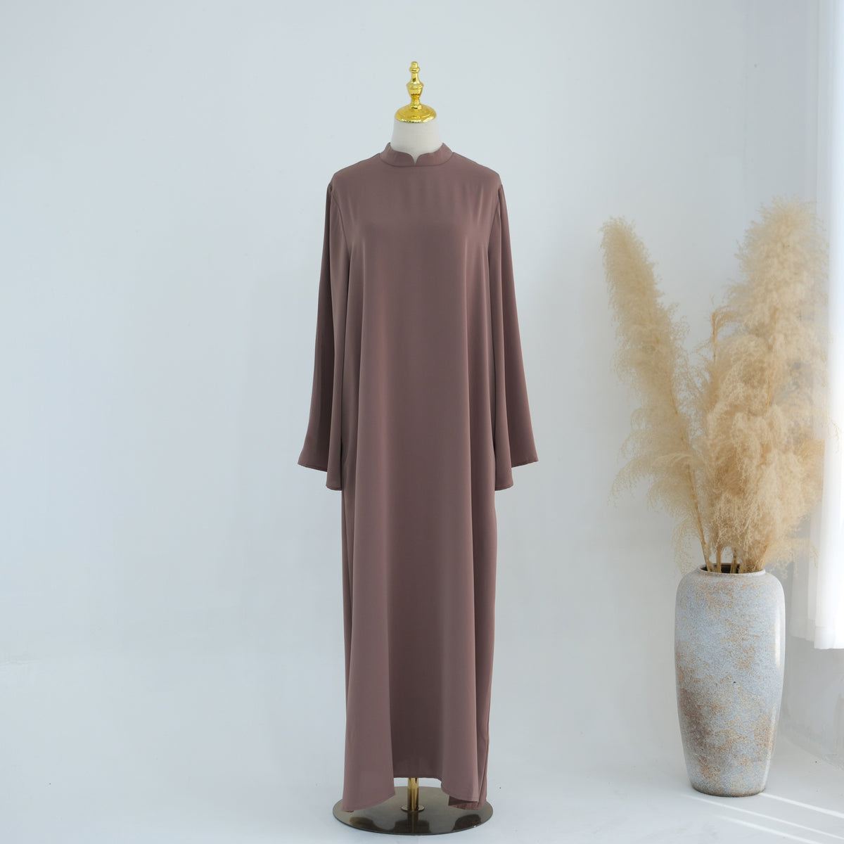 Stand-Collar Nida Maxi Dress | Long-Sleeve Belted Modest Dress(MA475)