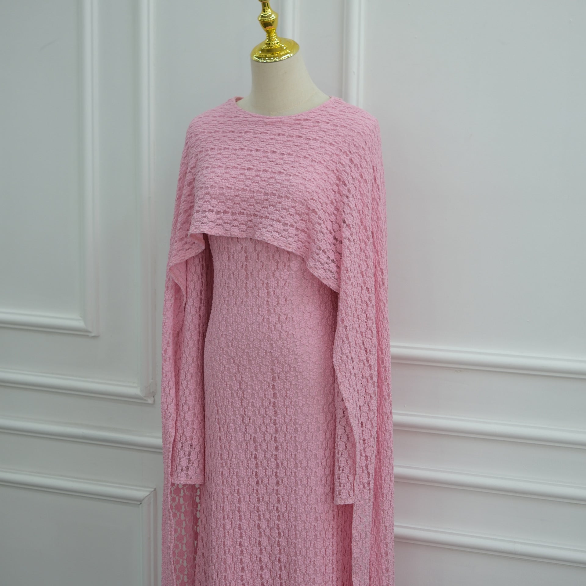 Textured Floral Lace Cape-Sleeve Lined Maxi Dress(MS519)