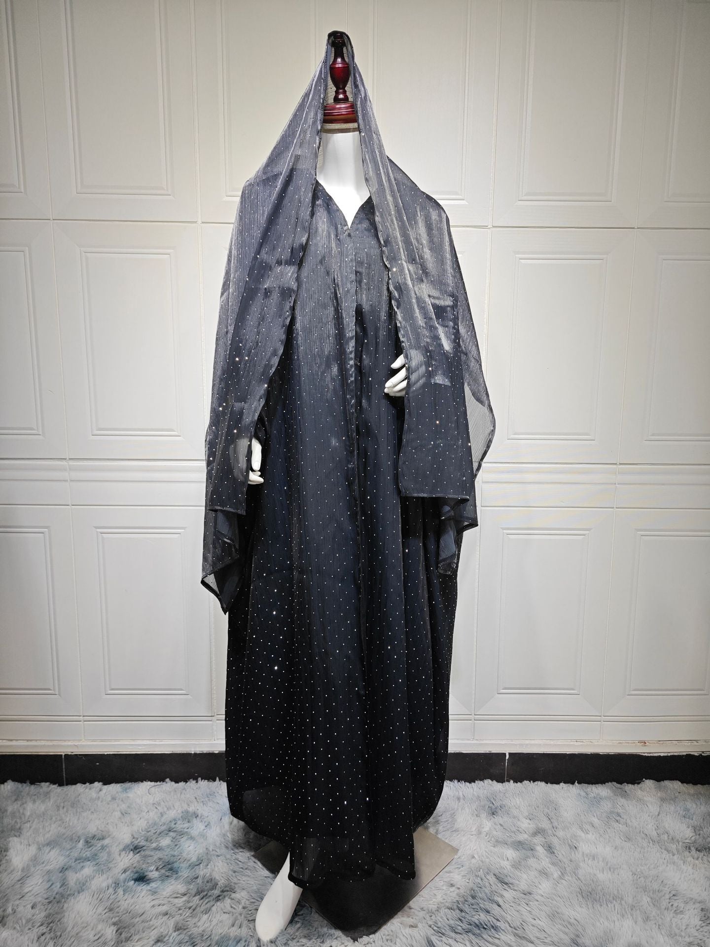 Luxury Muslim Starlight Evening Wear Abaya Set | Midnight Blue Diamond-Embellished Robe Jacket with Matching Hijab(MOA201)