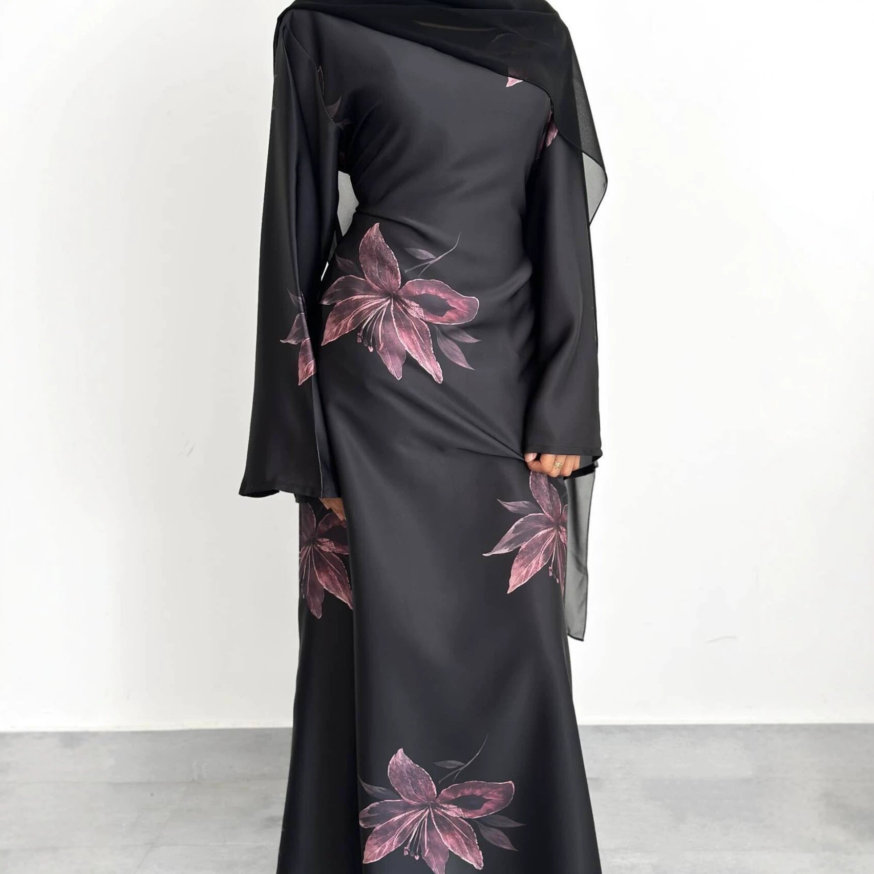 Floral Print Maxi Dress with Cape Sleeves(MS440)