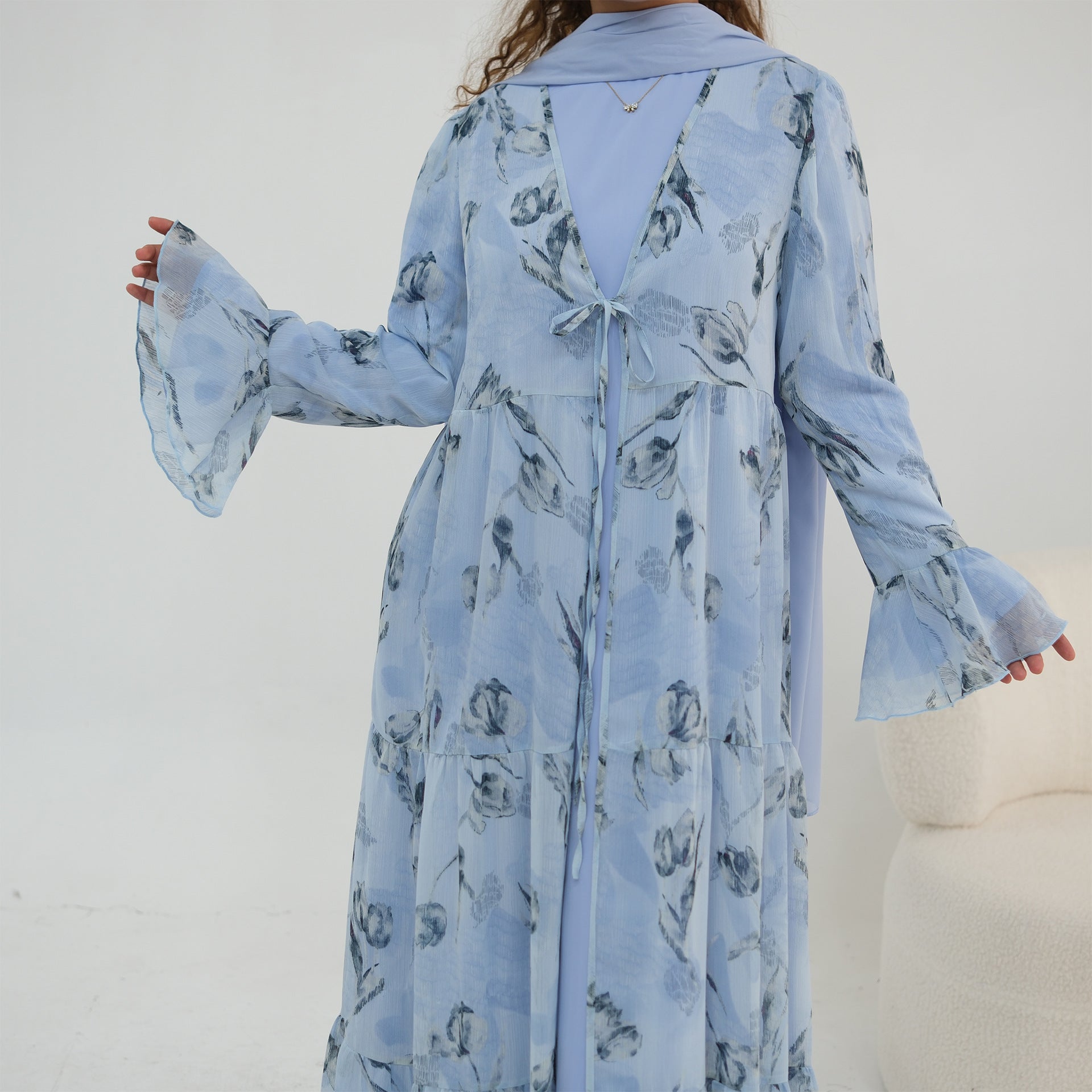 Chiffon Crinkle Flared Sleeve Tiered Open Abaya Set(MOA341)