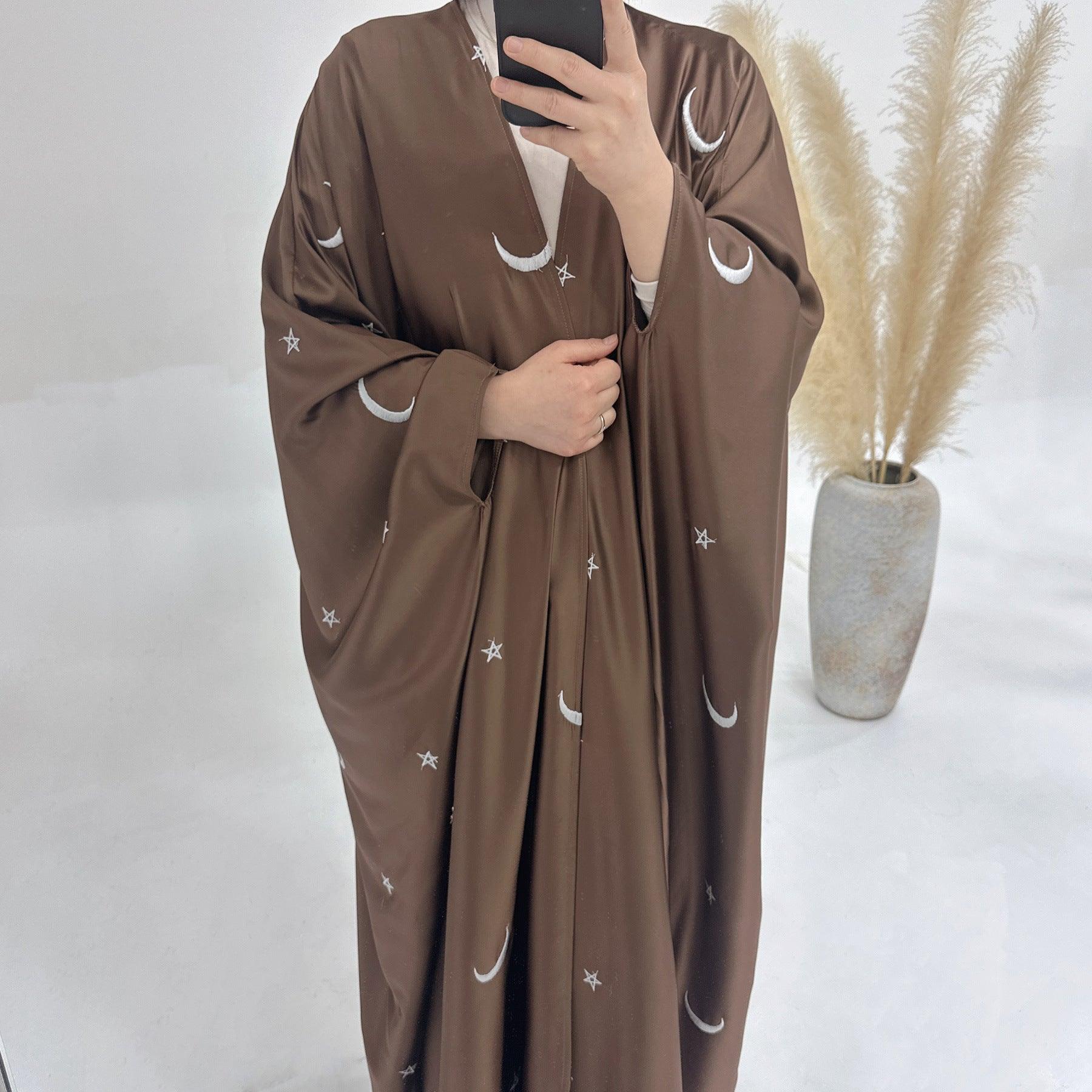 MOA043 Eid Abaya Design Moon and Star Embroidery Open Abaya - Mariam's Collection