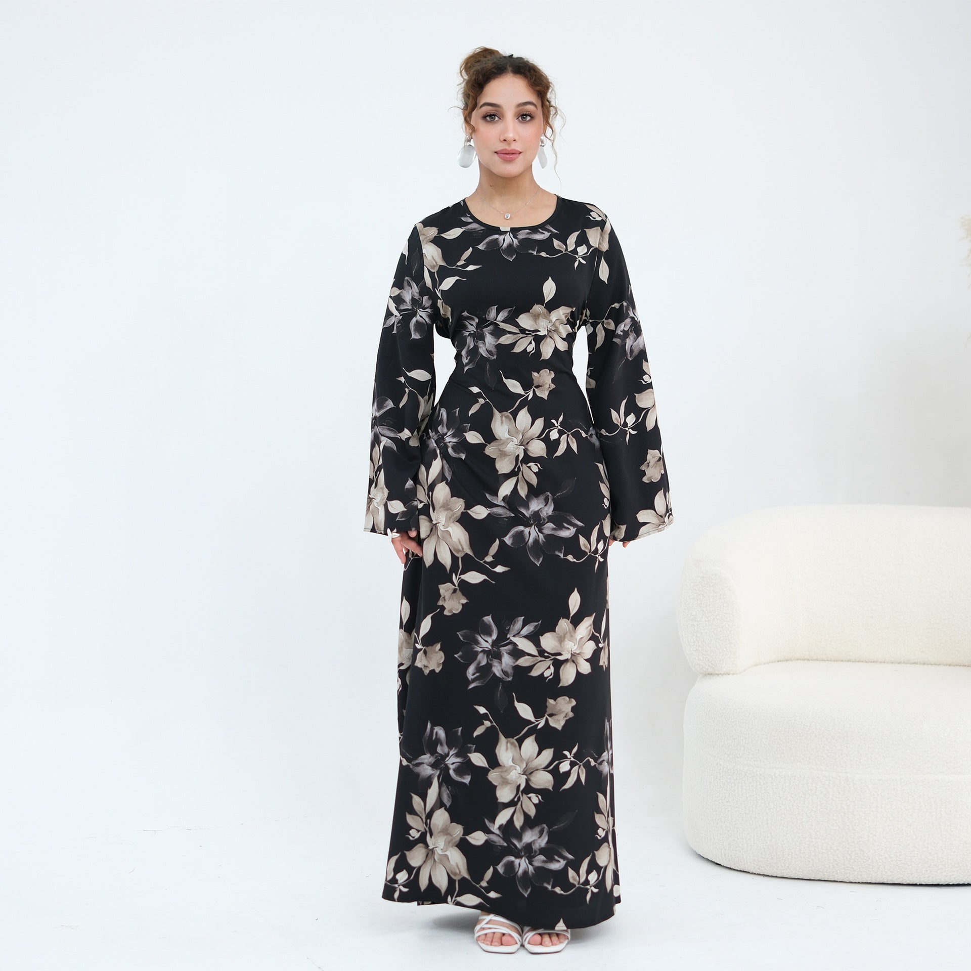 Ink Floral Satin Maxi Dress(MA434)