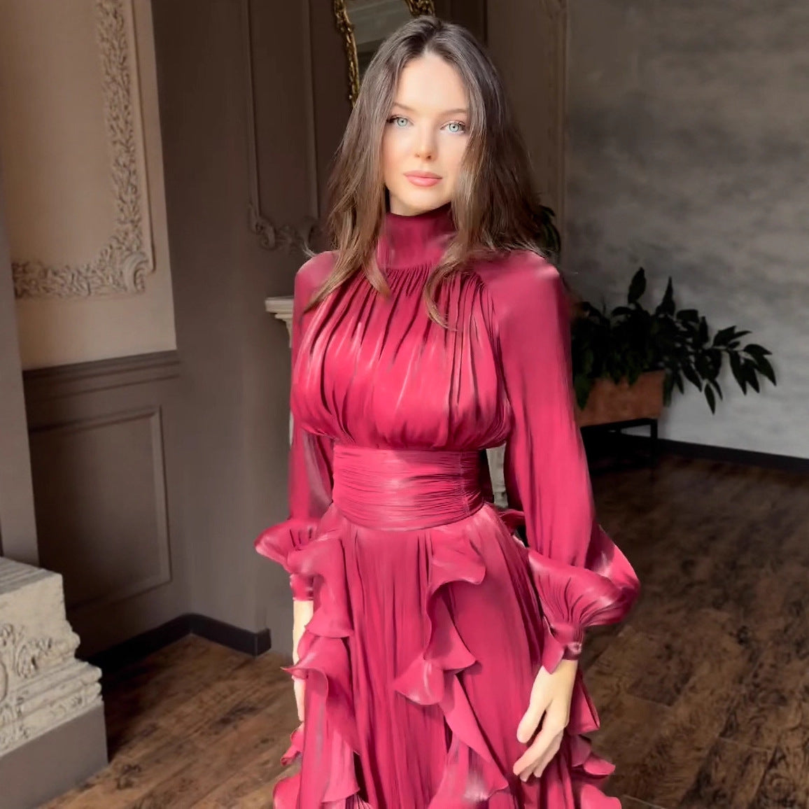 Cascading Ruffle Gown | High Neck Tie-Waist Maxi Dress(MS231)