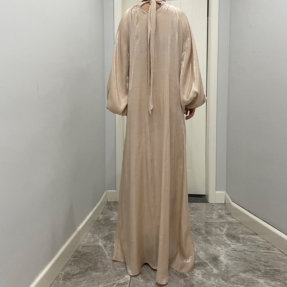 Luxurious Shimmer Abaya with Lantern Sleeves | Stand Collar Back Tie Maxi Dress(MA324)