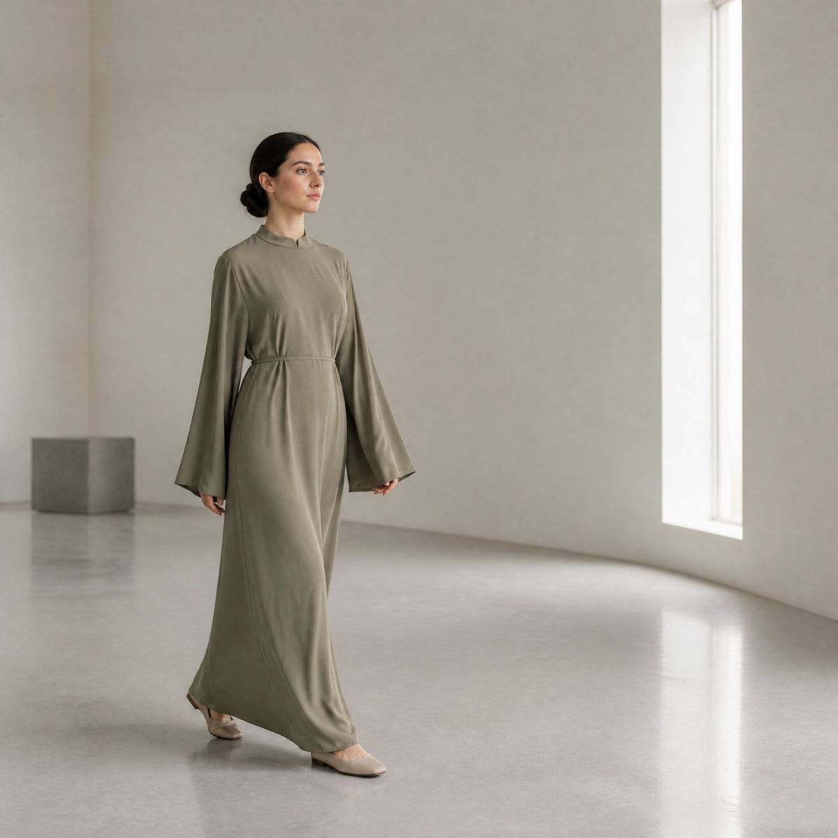 Stand-Collar Nida Maxi Dress | Long-Sleeve Belted Modest Dress(MA475)