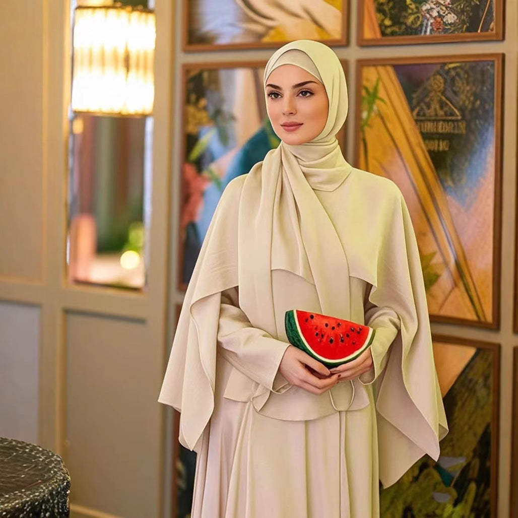 Ice Silk Crinkle Cape Set | 3-Piece Solid Color Abaya with Inner Dress & Belt(MA304)