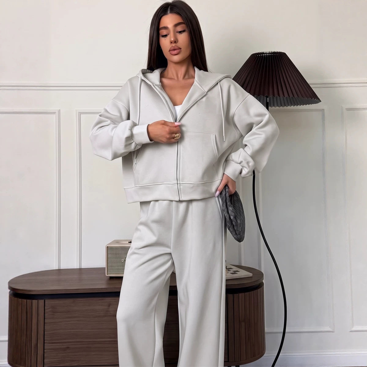 Zip-Up Hoodie & Wide-Leg Sweatpants Two-Piece Set(MS532)