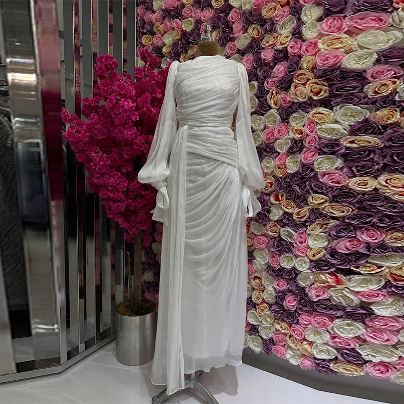 Ruched Evening Dress | Puff Sleeve Bodycon Maxi Dress(MS280)