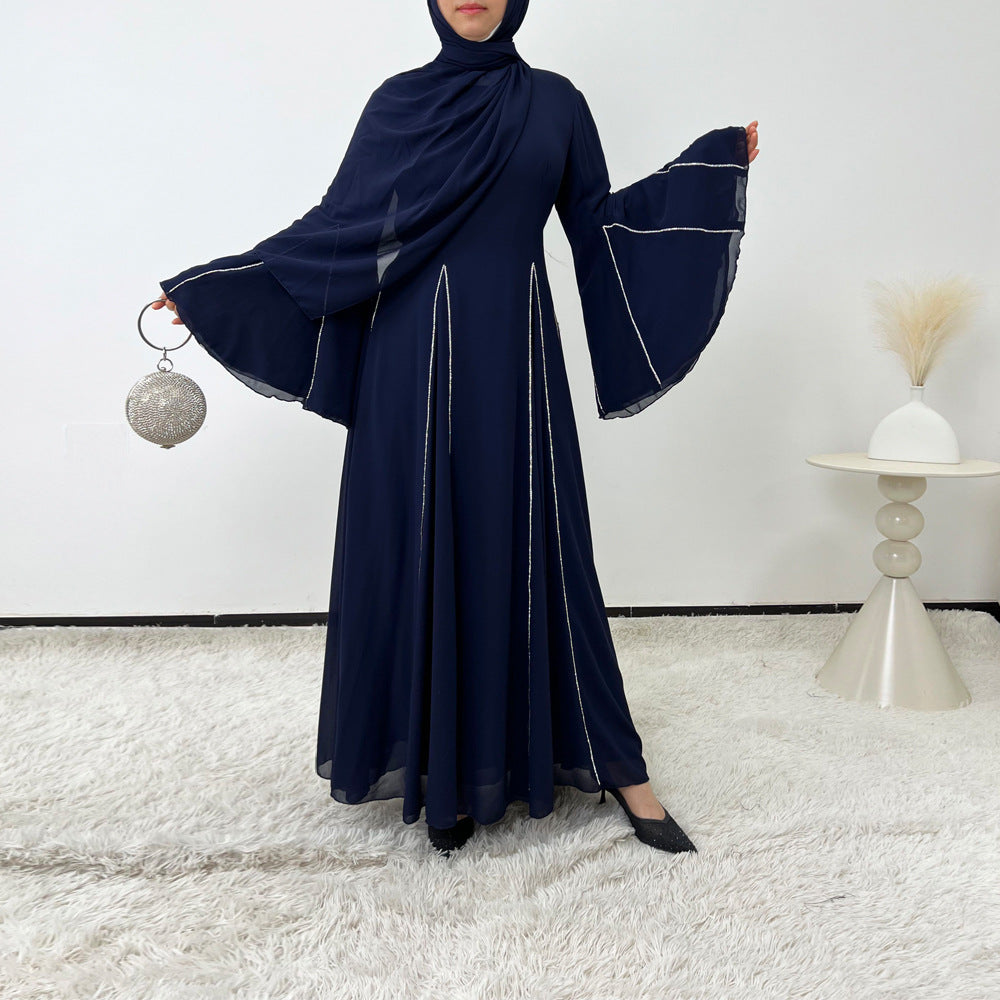Elegant Chiffon Abaya Set with Hijab | Round Neck Bell Sleeve Maxi Dress with Rhinestone Trim(MA325)