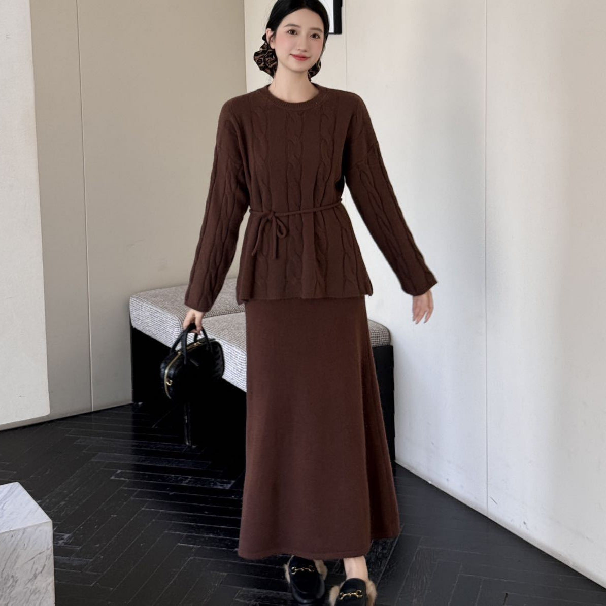 Autumn Winter Cable Knit Two-Piece Set | Round Neck Tie-Waist Sweater & Loose Skirt(MS133)