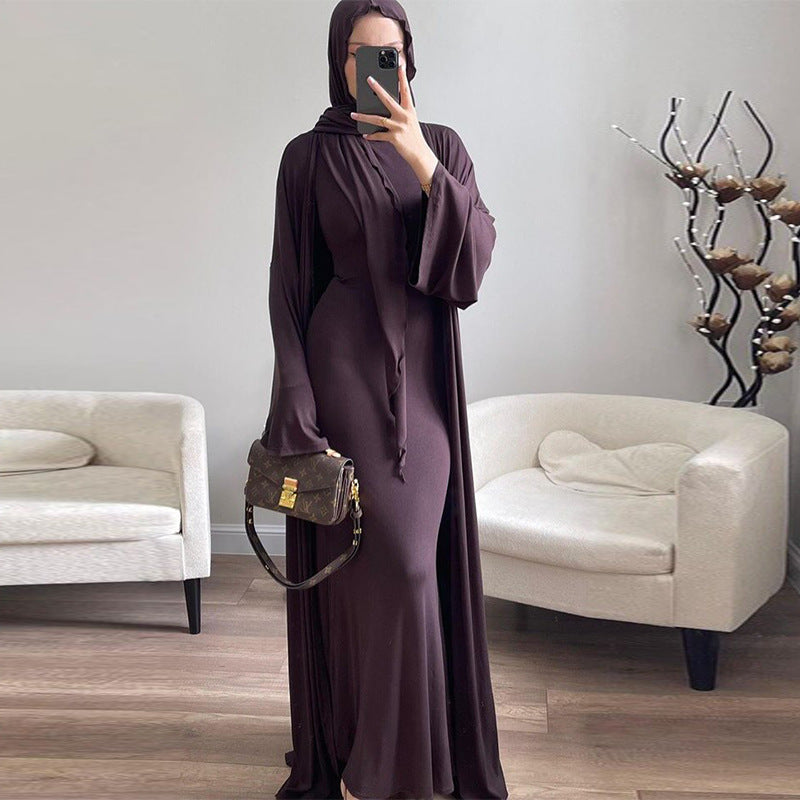 Casual Minimalist Three-Piece Set with Hijab | Sleeveless Top Wide Sleeve Cardigan(MS124)