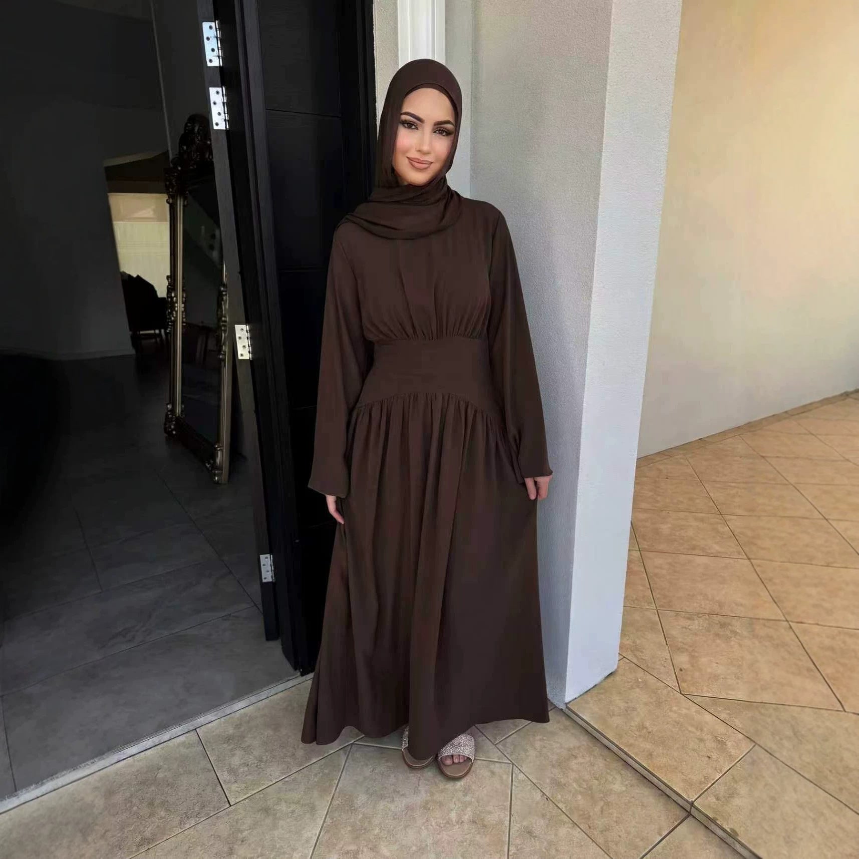 Ice Silk Crinkle Gathered Waist Maxi Dress(MS521)