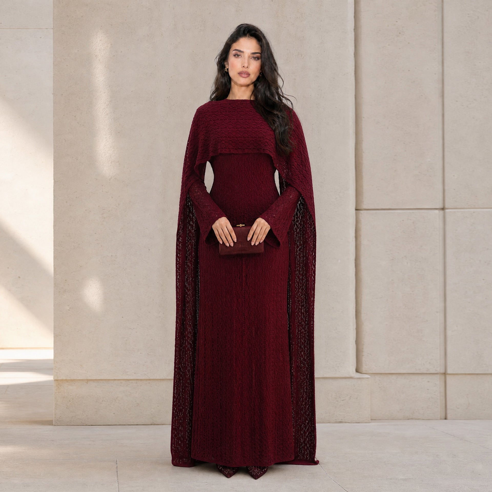 Textured Floral Lace Cape-Sleeve Lined Maxi Dress(MS519)