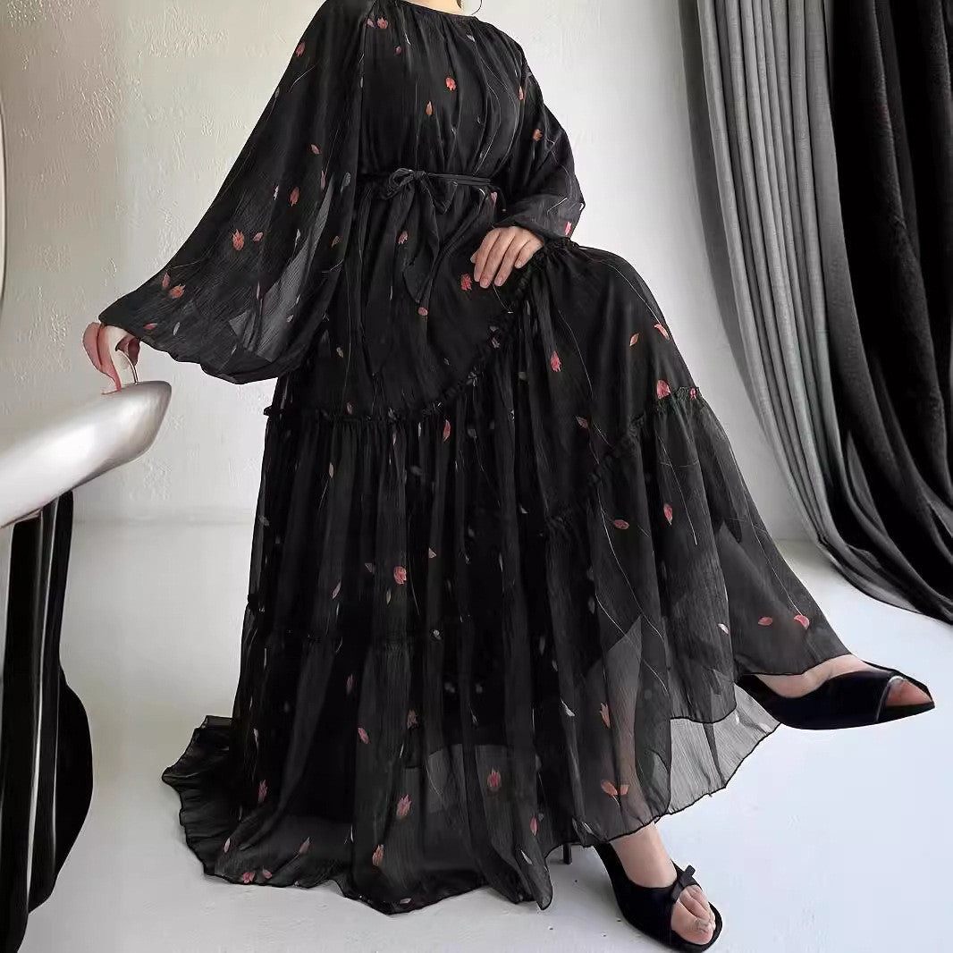 Long Sleeve Belted Chiffon Dress | Elegant Boho Peasant Gown(MA380)