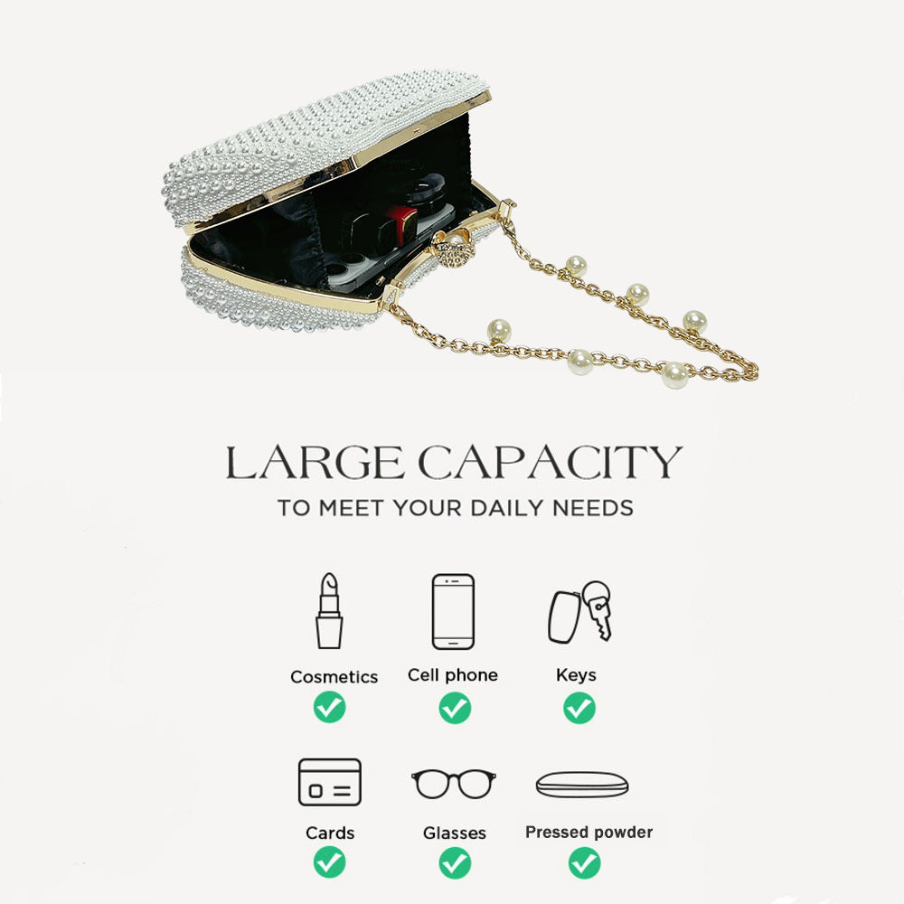 Chic Faux Pearl Evening Clutch Bag - Pearl Chain Strap Top-Handle Purse & Shoulder Crossbody for Parties & Weddings（MAC493）