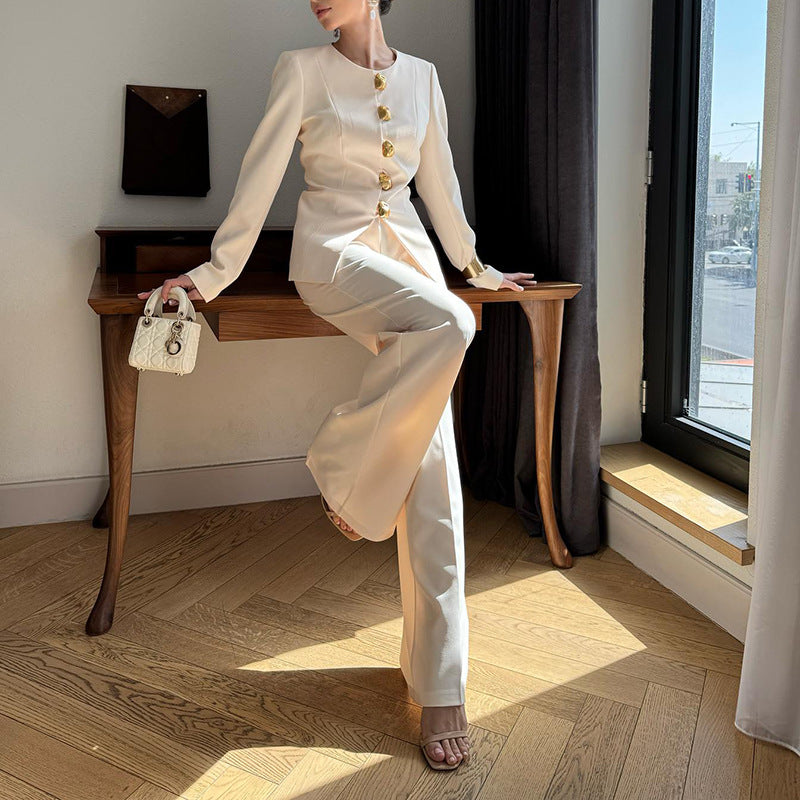 Gold Button Blazer & Straight Leg Pants Set(MS398)