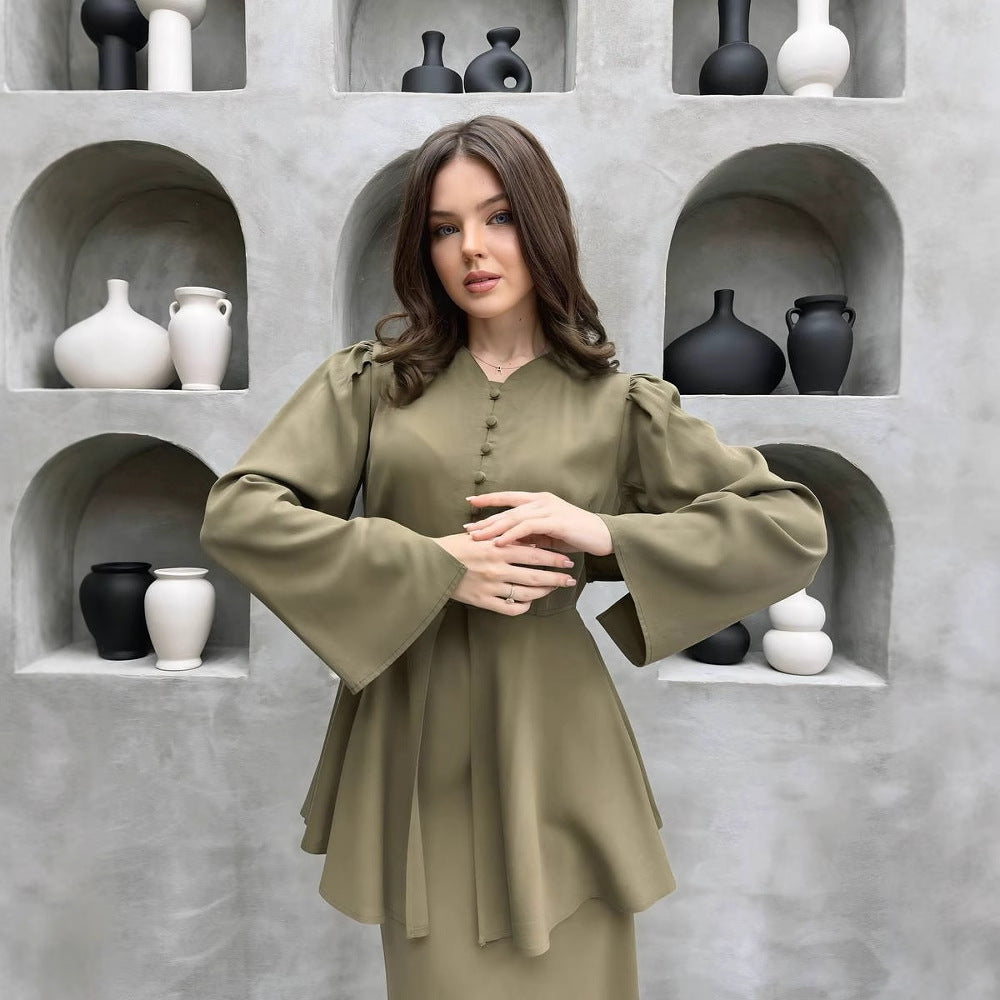 Satin Peplum Top & Skirt Set | Bell Sleeve Two-Piece Outfit(MS229)