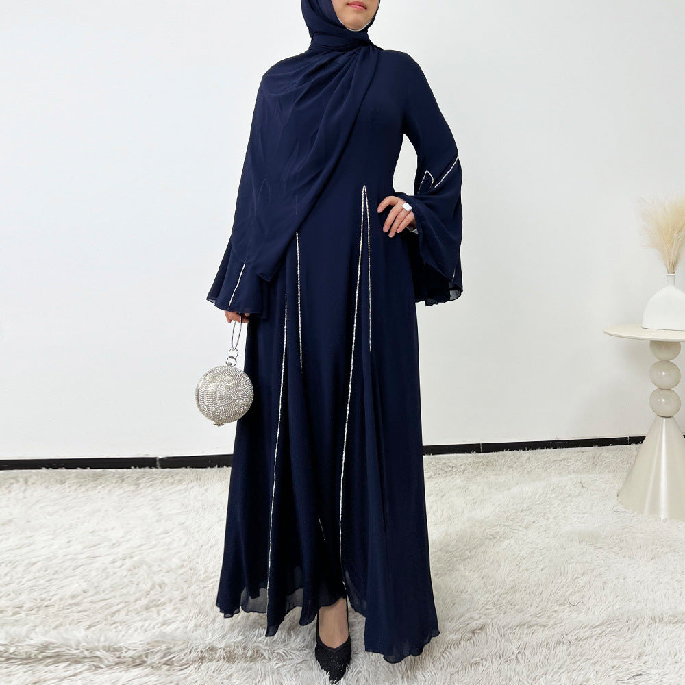 Elegant Chiffon Abaya Set with Hijab | Round Neck Bell Sleeve Maxi Dress with Rhinestone Trim(MA325)