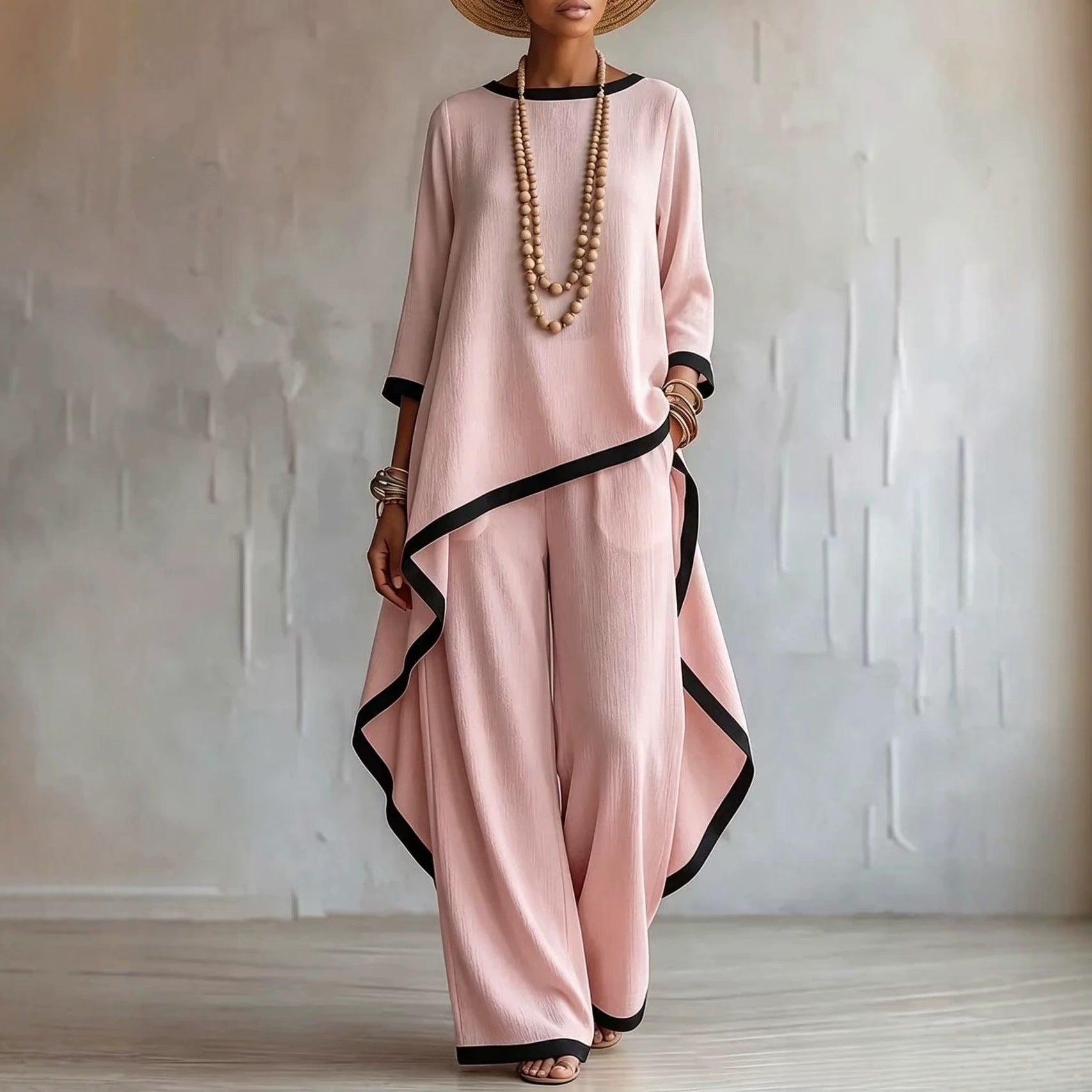 Black-Trimmed Batwing Top & Wide-Leg Trousers Two-Piece Co-ord Set(MS527)