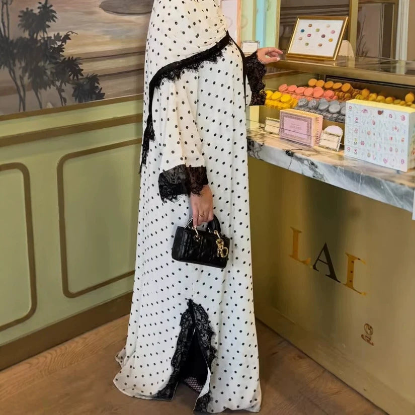 Polka Dot Lace-Trim Open Abaya & Matching Hijab Set(MOA343)