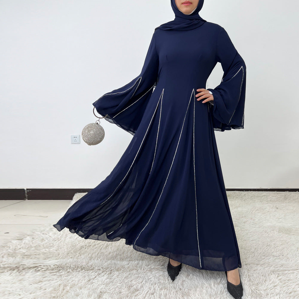 Elegant Chiffon Abaya Set with Hijab | Round Neck Bell Sleeve Maxi Dress with Rhinestone Trim(MA325)