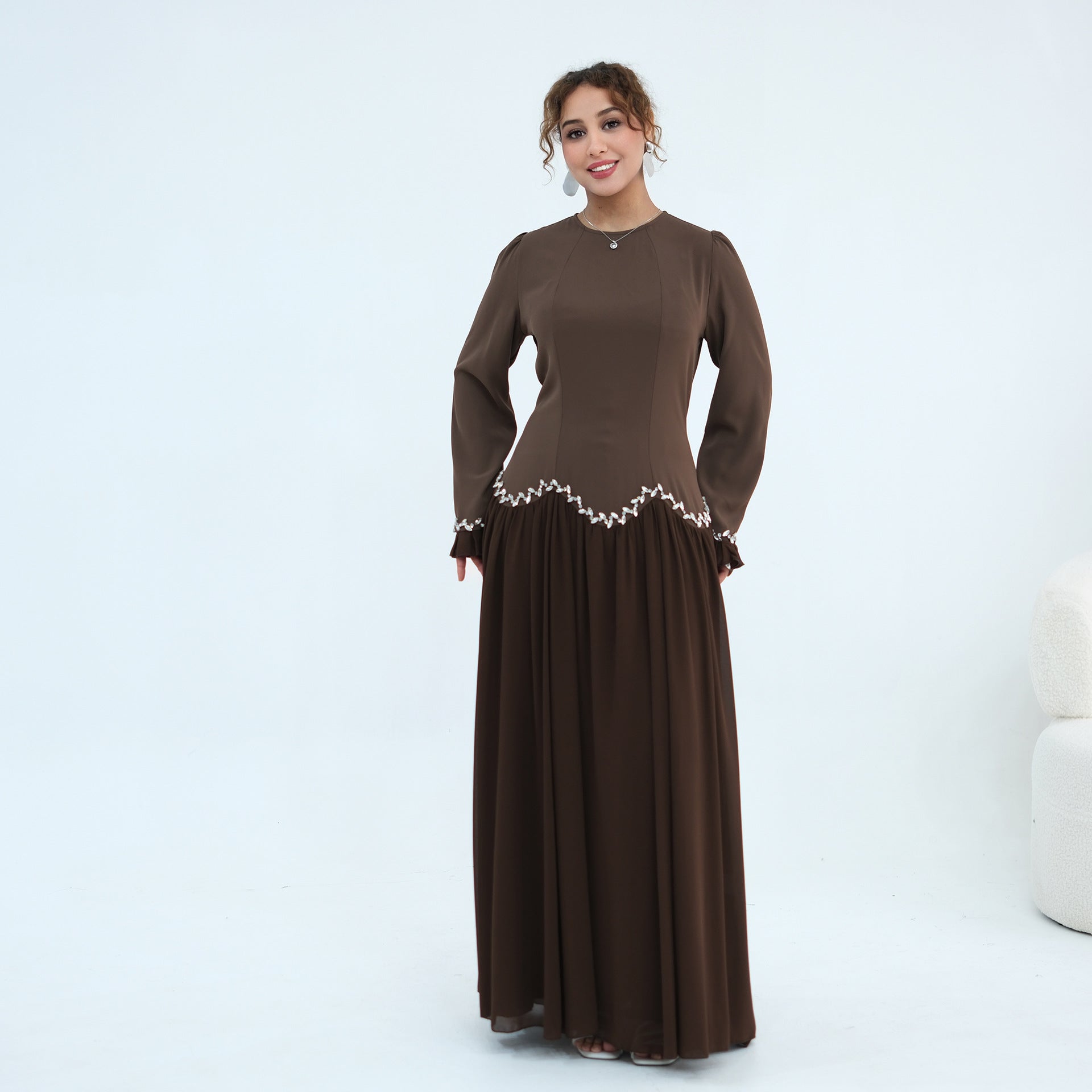 Crystal-Trim Ruffle Cuffs Maxi Dress(MS458)