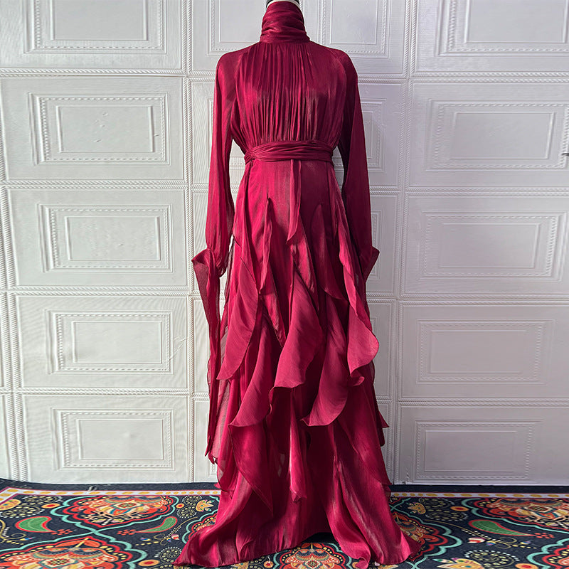 Cascading Ruffle Gown | High Neck Tie-Waist Maxi Dress(MS231)