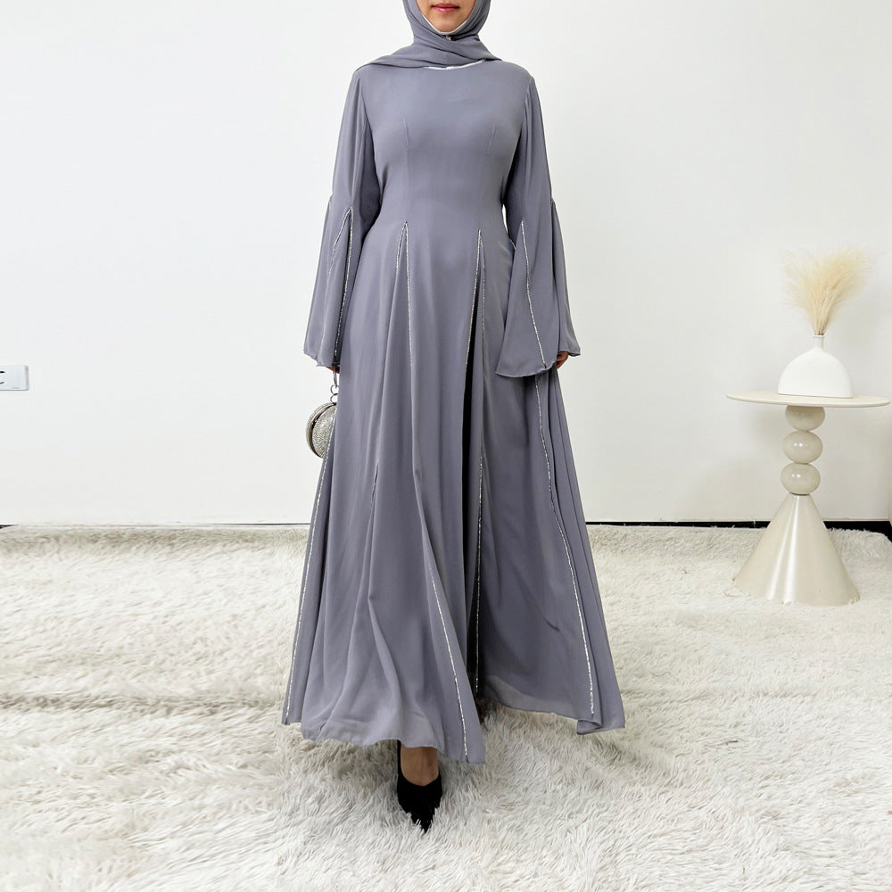 Elegant Chiffon Abaya Set with Hijab | Round Neck Bell Sleeve Maxi Dress with Rhinestone Trim(MA325)