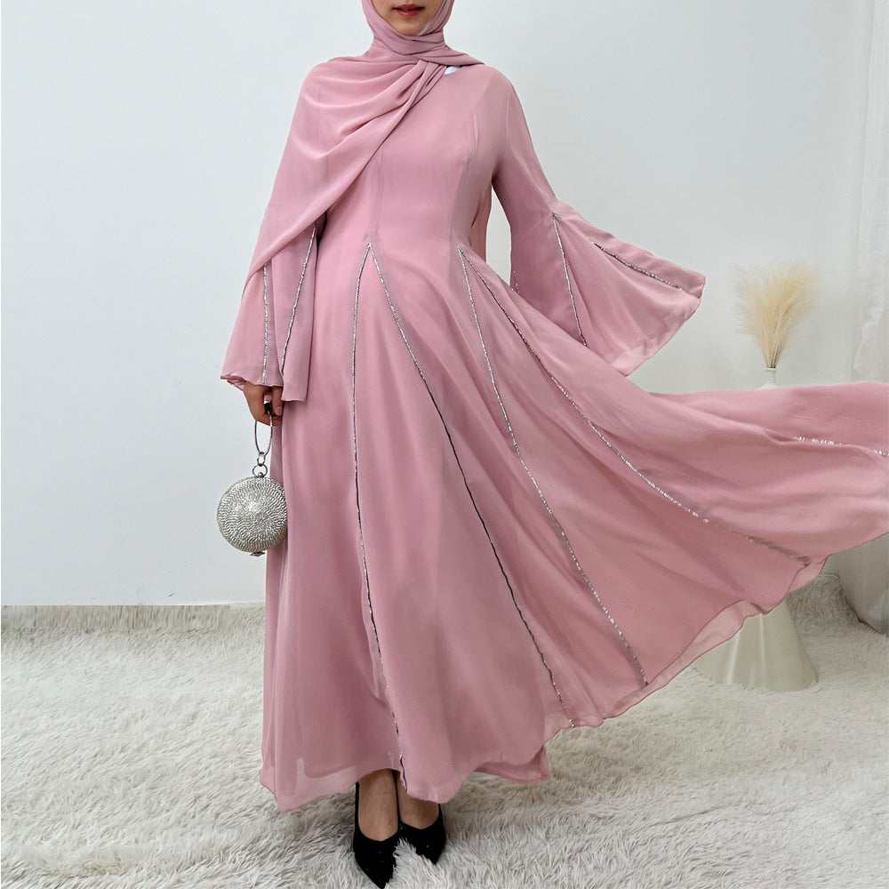 Elegant Chiffon Abaya Set with Hijab | Round Neck Bell Sleeve Maxi Dress with Rhinestone Trim(MA325)