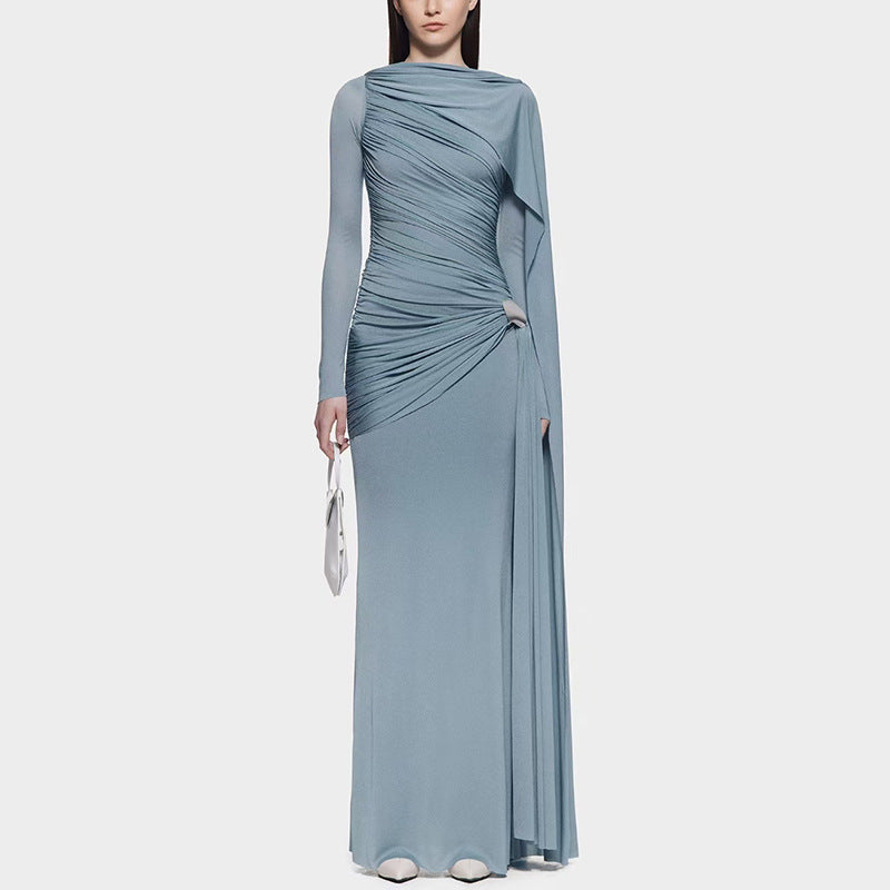 Diagonal Ruched Cape Gown | Asymmetric Draped Long Sleeve Maxi Dress(MS222)