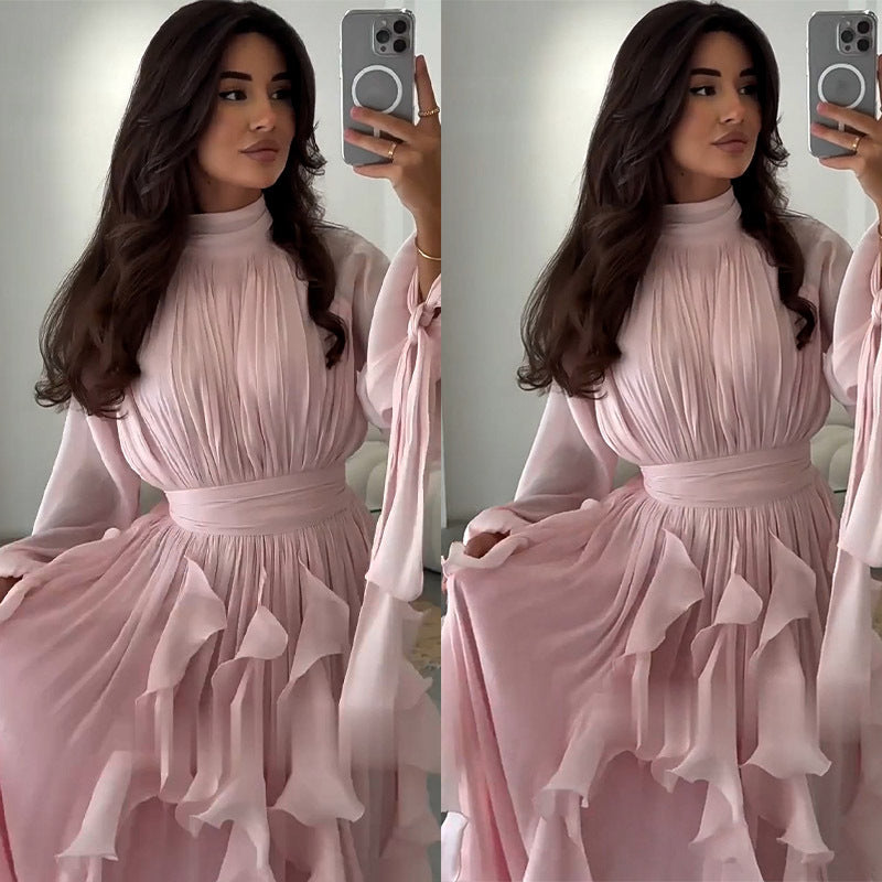 Cascading Ruffle Gown | High Neck Tie-Waist Maxi Dress(MS231)