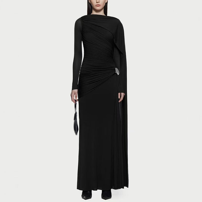 Diagonal Ruched Cape Gown | Asymmetric Draped Long Sleeve Maxi Dress(MS222)