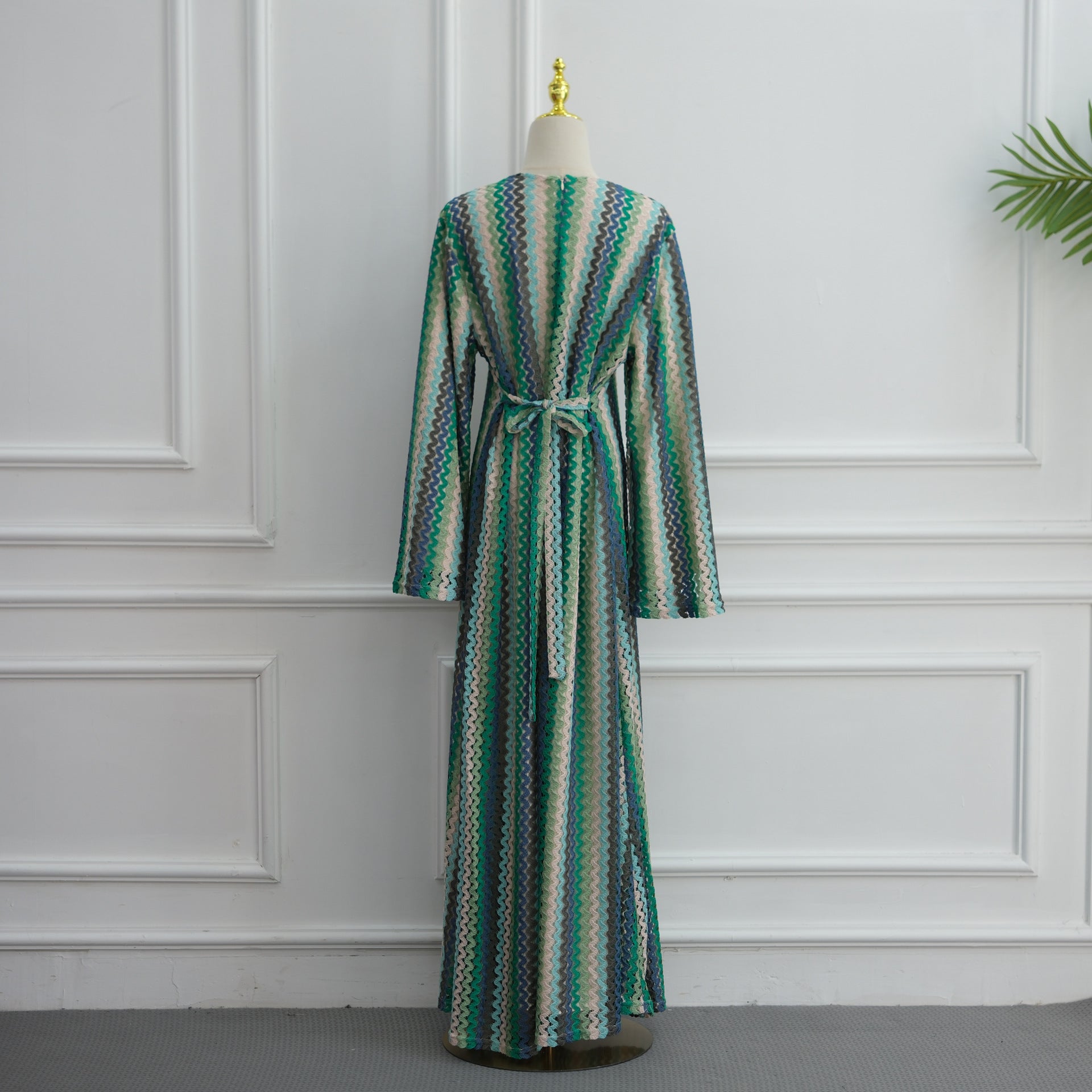 Rainbow Jacquard Flared-Sleeve Maxi Dress(MS486)