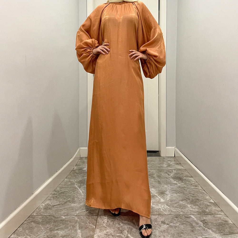 Luxurious Shimmer Abaya with Lantern Sleeves | Stand Collar Back Tie Maxi Dress(MA324)