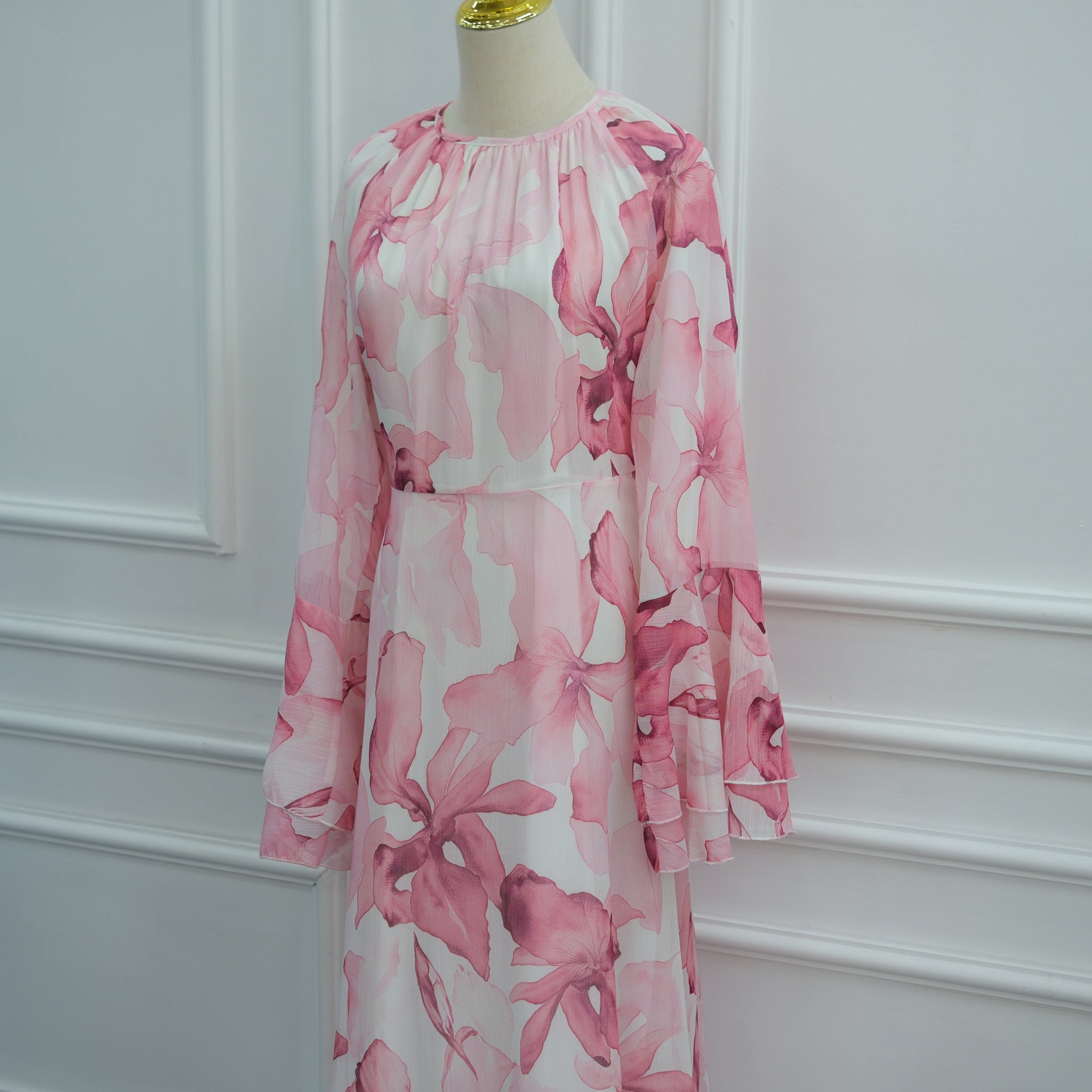 Watercolour Print Double-Layer Flared-Sleeve Maxi Dress(MA479)