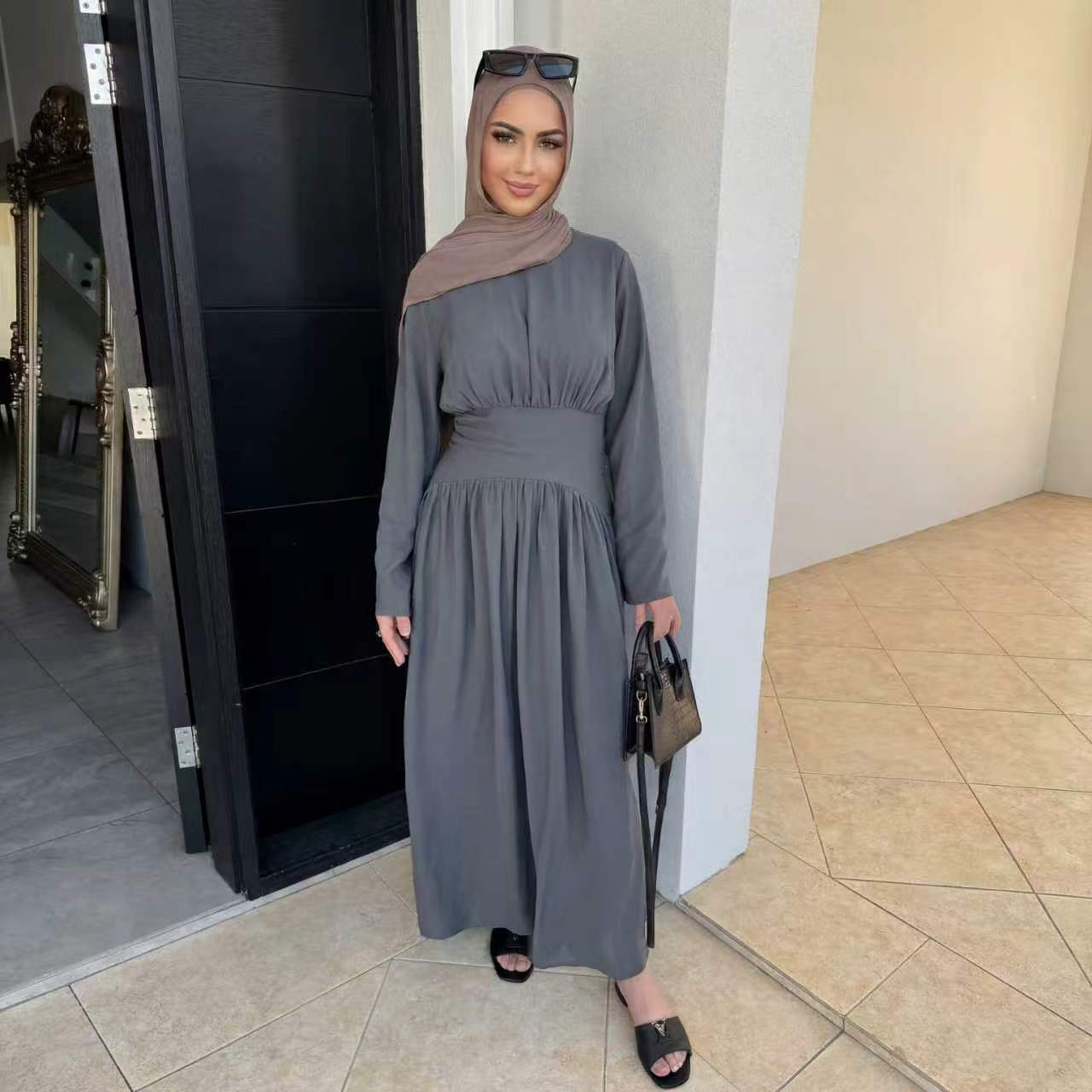 Ice Silk Crinkle Gathered Waist Maxi Dress(MS521)