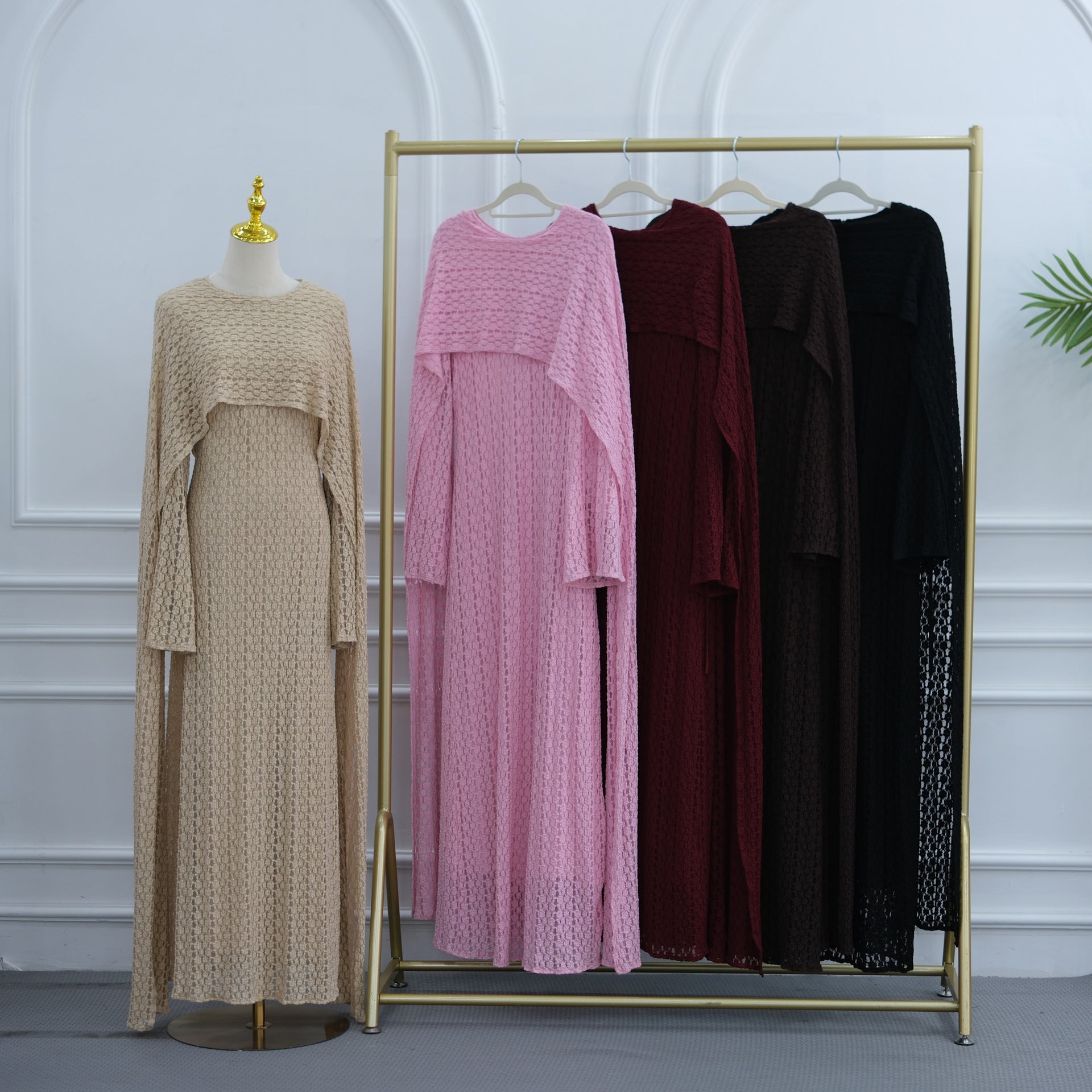 Textured Floral Lace Cape-Sleeve Lined Maxi Dress(MS519)