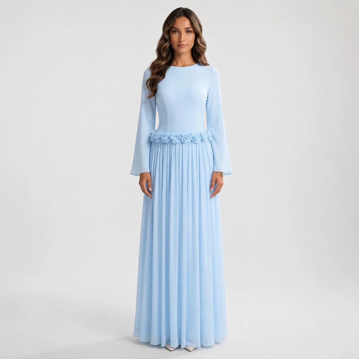 3D Rose Waist Fitted Maxi Dress(MS515)