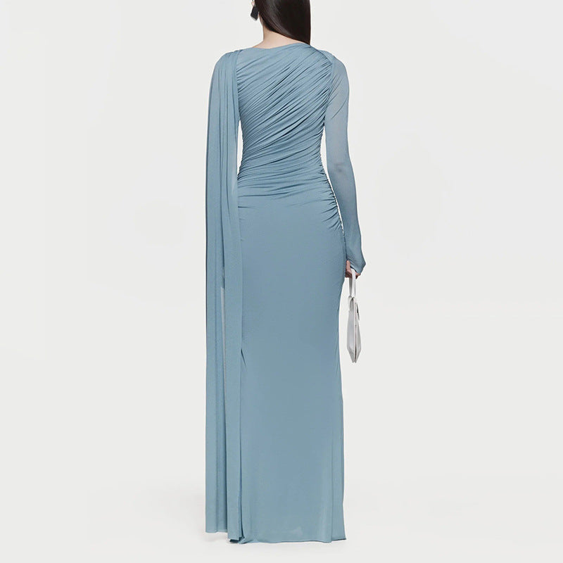 Diagonal Ruched Cape Gown | Asymmetric Draped Long Sleeve Maxi Dress(MS222)